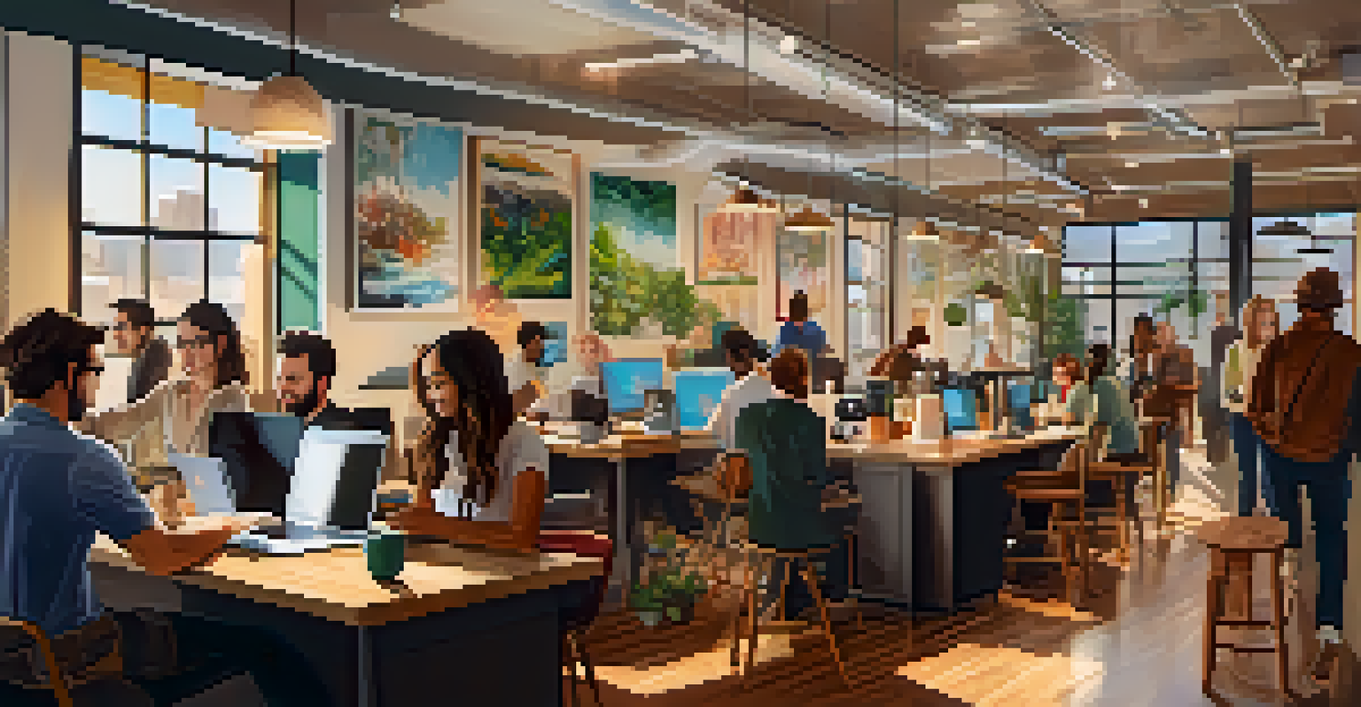 A lively coworking space featuring people working at shared desks, colorful artwork, and a cozy coffee bar.