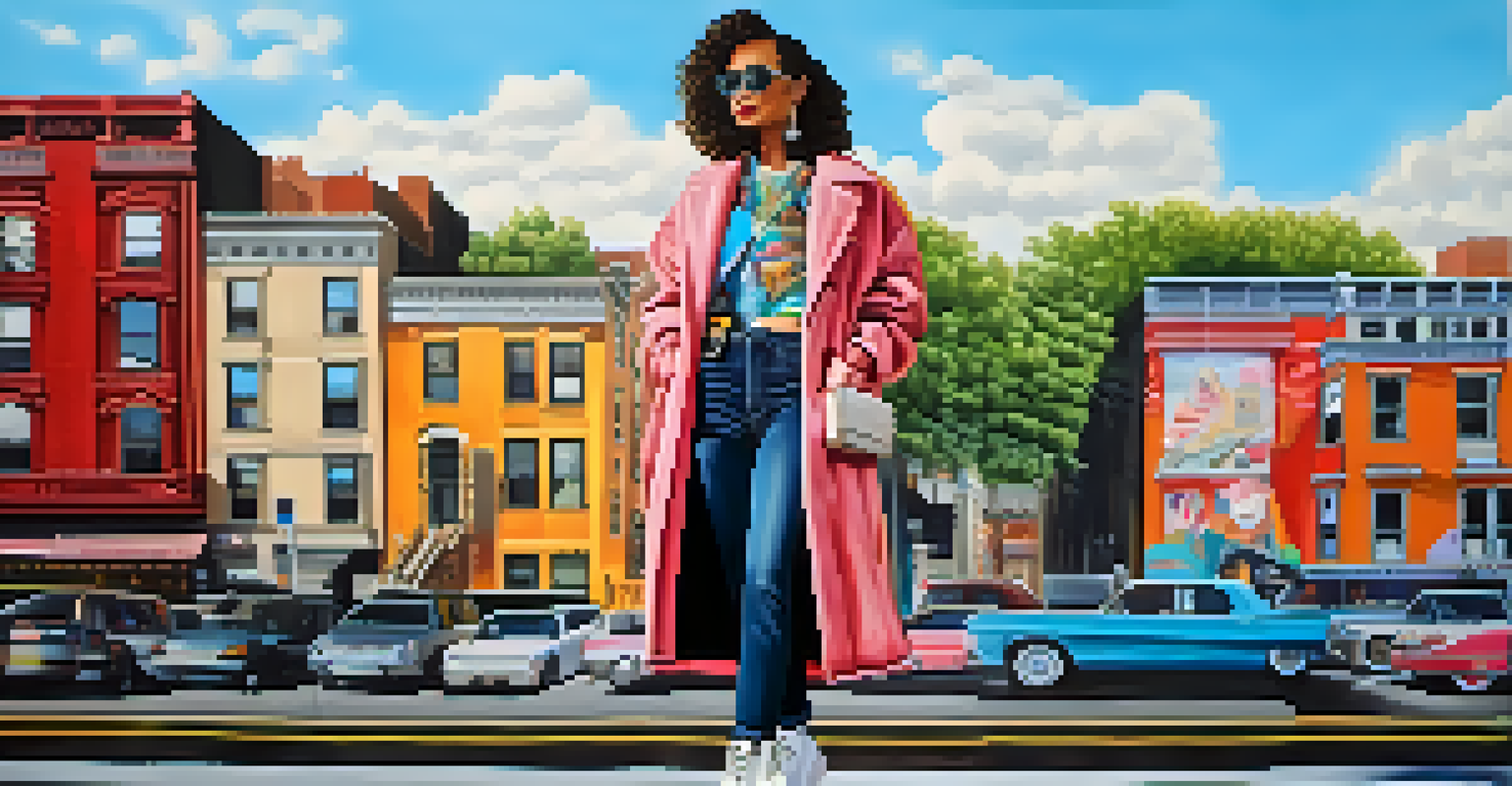 A stylish individual in New York City wearing a mix of thrifted and designer fashion, against a colorful mural backdrop.