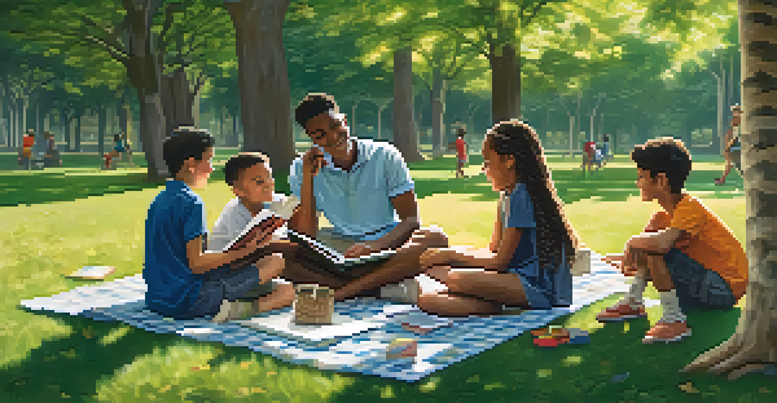 A young person mentoring children in a park, sharing a book on a picnic blanket surrounded by trees.