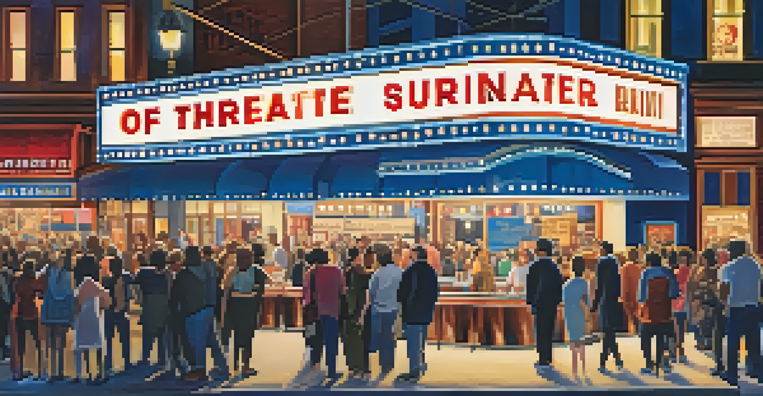 A lively street scene in front of an Off-Broadway theater with people gathered around the marquee and food vendors nearby.