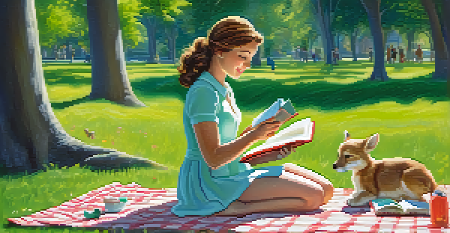 A nanny reading a picture book to a toddler on a picnic blanket in a sunny park filled with flowers and trees.