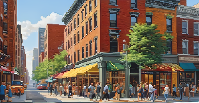 A busy New York City street filled with diverse people walking by residential and commercial buildings with trees and colorful storefronts under warm sunlight.