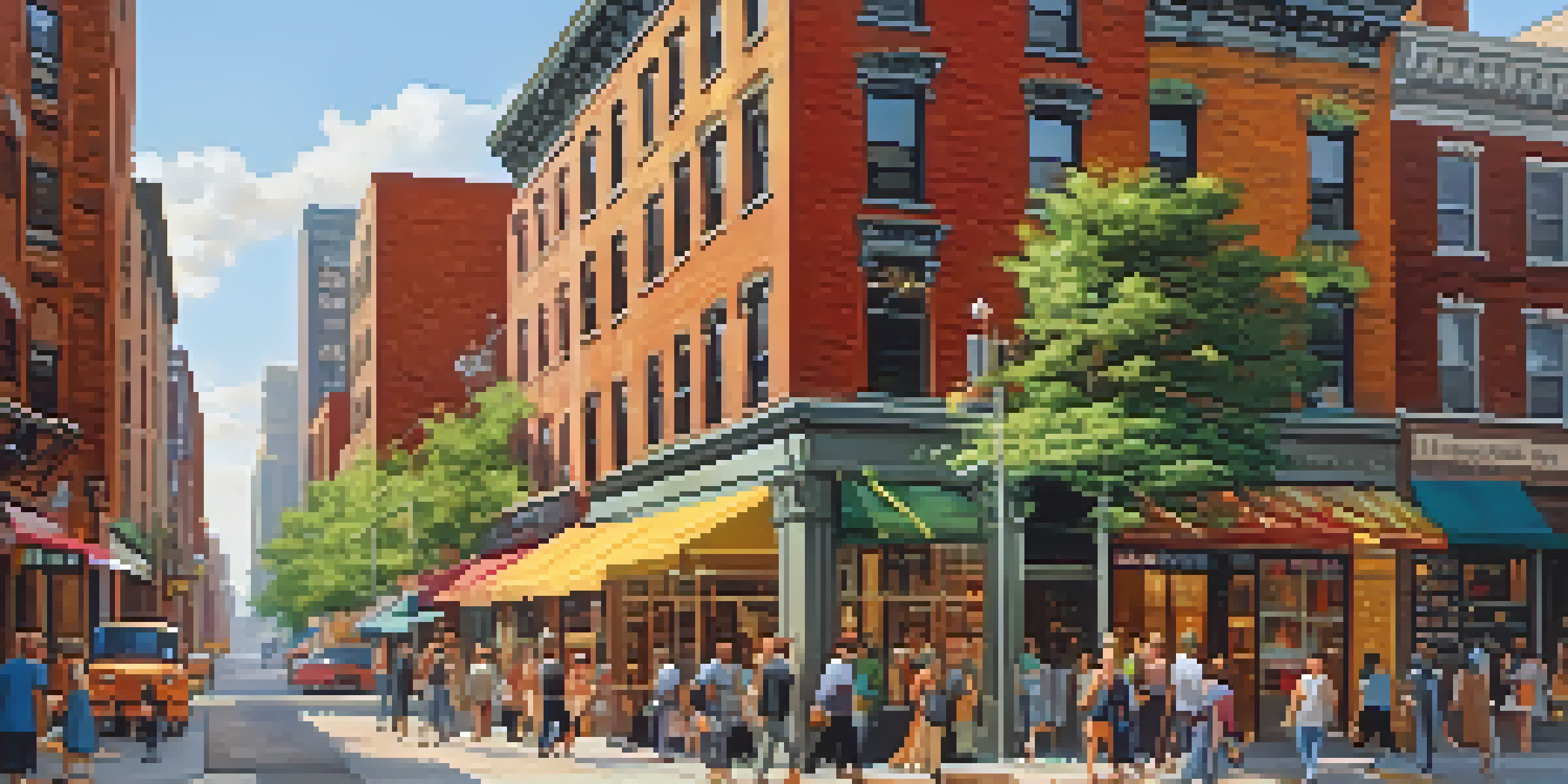 A busy New York City street filled with diverse people walking by residential and commercial buildings with trees and colorful storefronts under warm sunlight.