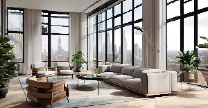 A bright and spacious luxury apartment interior showcasing modern furniture and a home office setup in New York City.