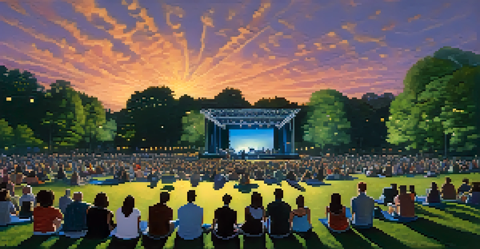 A summer concert in Central Park with a diverse crowd sitting on blankets, a stage lit with colorful lights, and trees surrounding the area during twilight.