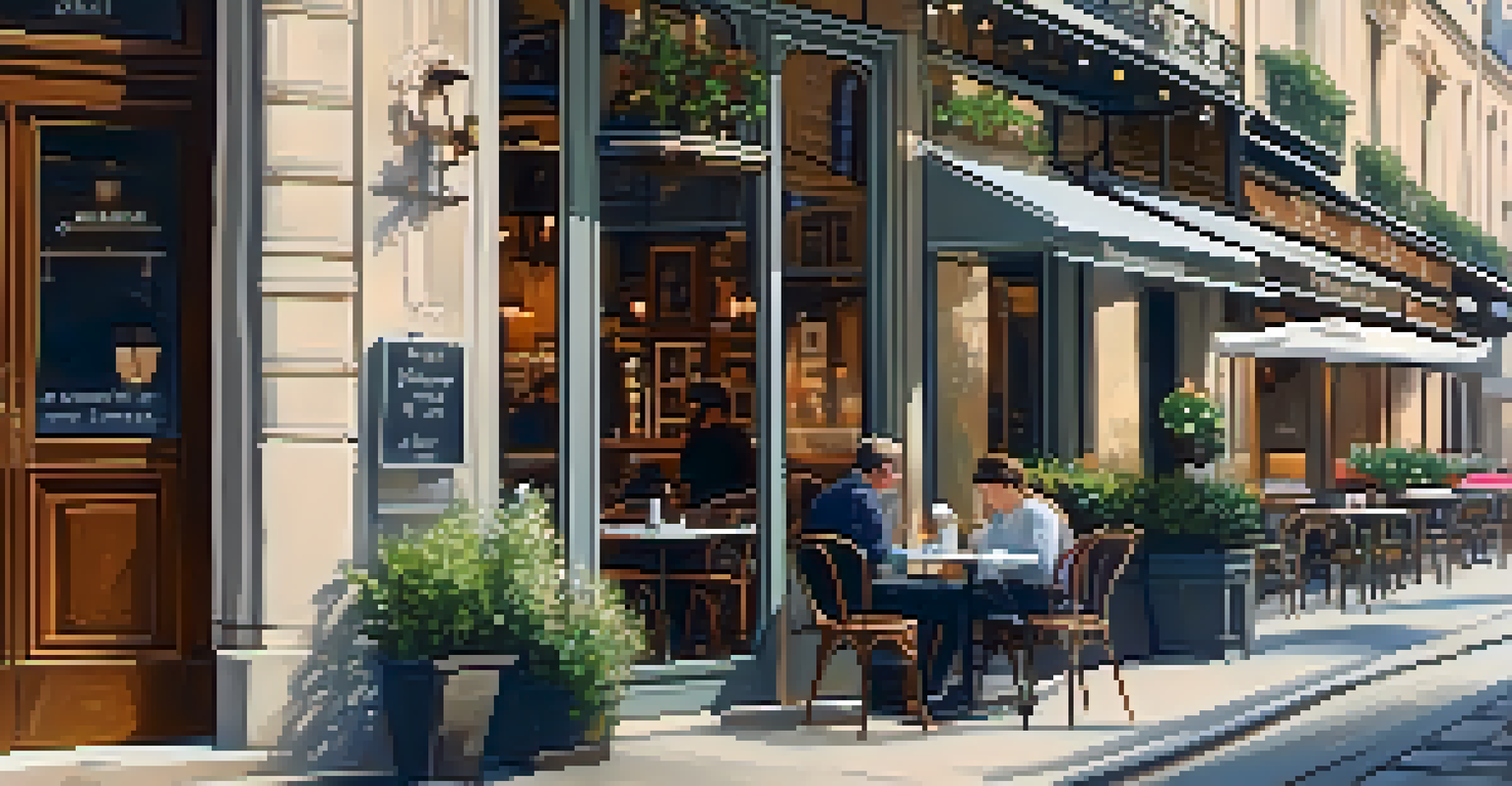 A person working on a laptop at a café in Paris with coffee and flowers.