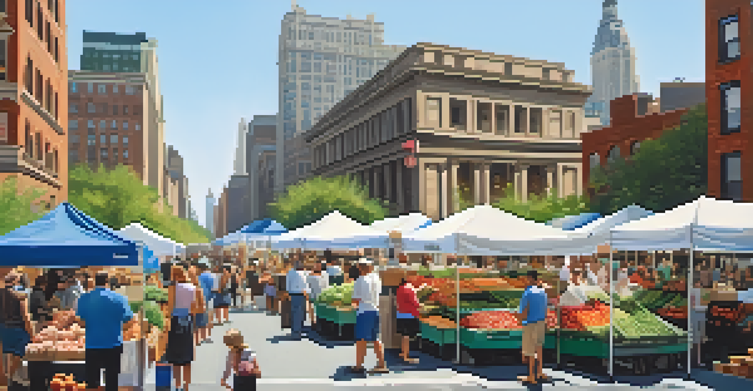 A lively outdoor farmers market in NYC with stalls of fresh produce and flowers, surrounded by iconic city buildings under a clear blue sky.