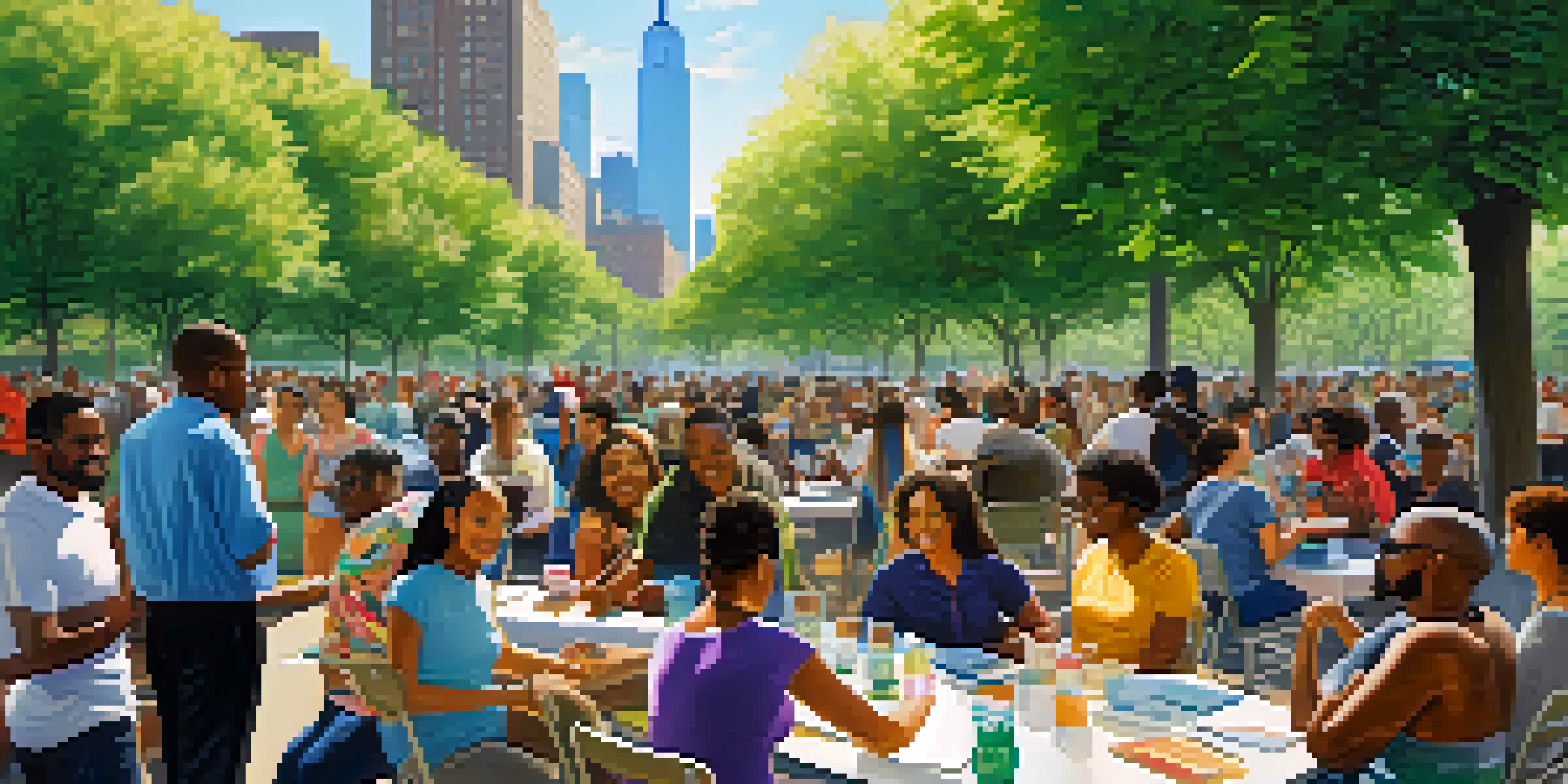 A diverse group of residents participating in a community meeting in a sunny urban park, with tables, posters, and the New York City skyline in the background.
