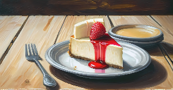 A slice of classic New York cheesecake with a strawberry on top, displayed on a wooden table.