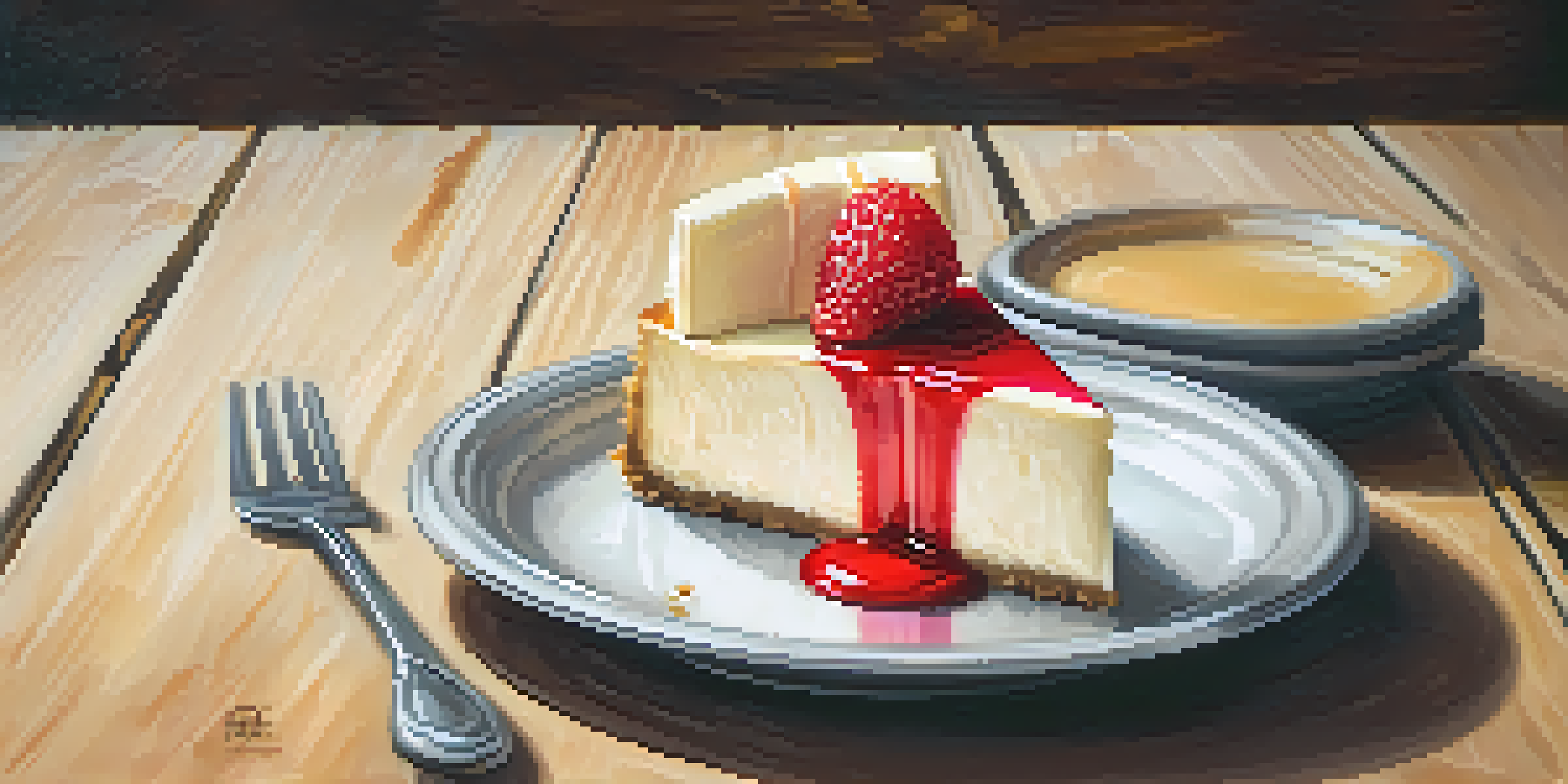A slice of classic New York cheesecake with a strawberry on top, displayed on a wooden table.