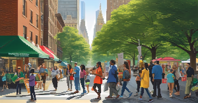 A diverse group of people in New York City participating in health-related activities, with a community health worker distributing pamphlets in a lively street scene.
