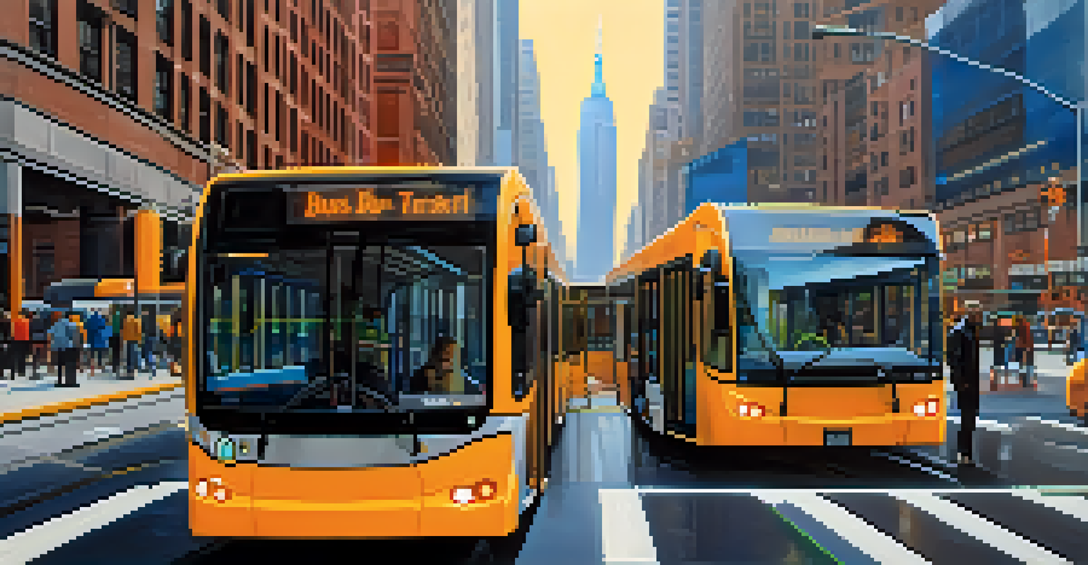 A modern Bus Rapid Transit system in New York City with an electric bus in a dedicated lane and commuters using mobile apps.