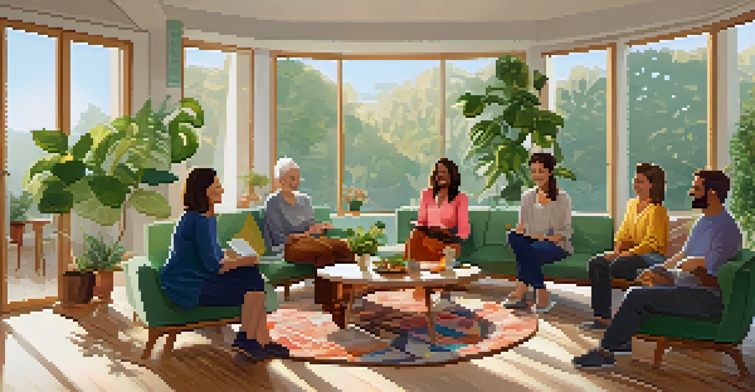 A diverse group of parents sitting in a circle in a bright room, engaging in a supportive conversation with smiles and warmth.