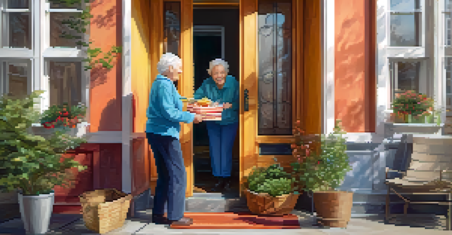 A cheerful volunteer delivering a warm meal to an elderly person at their doorstep, showcasing kindness and community support.