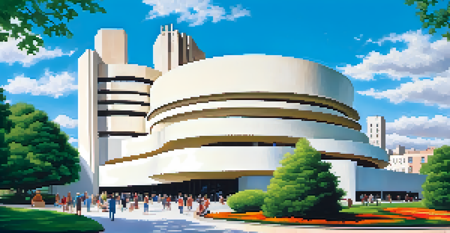 The unique spiraling architecture of the Guggenheim Museum against a clear blue sky with people entering.