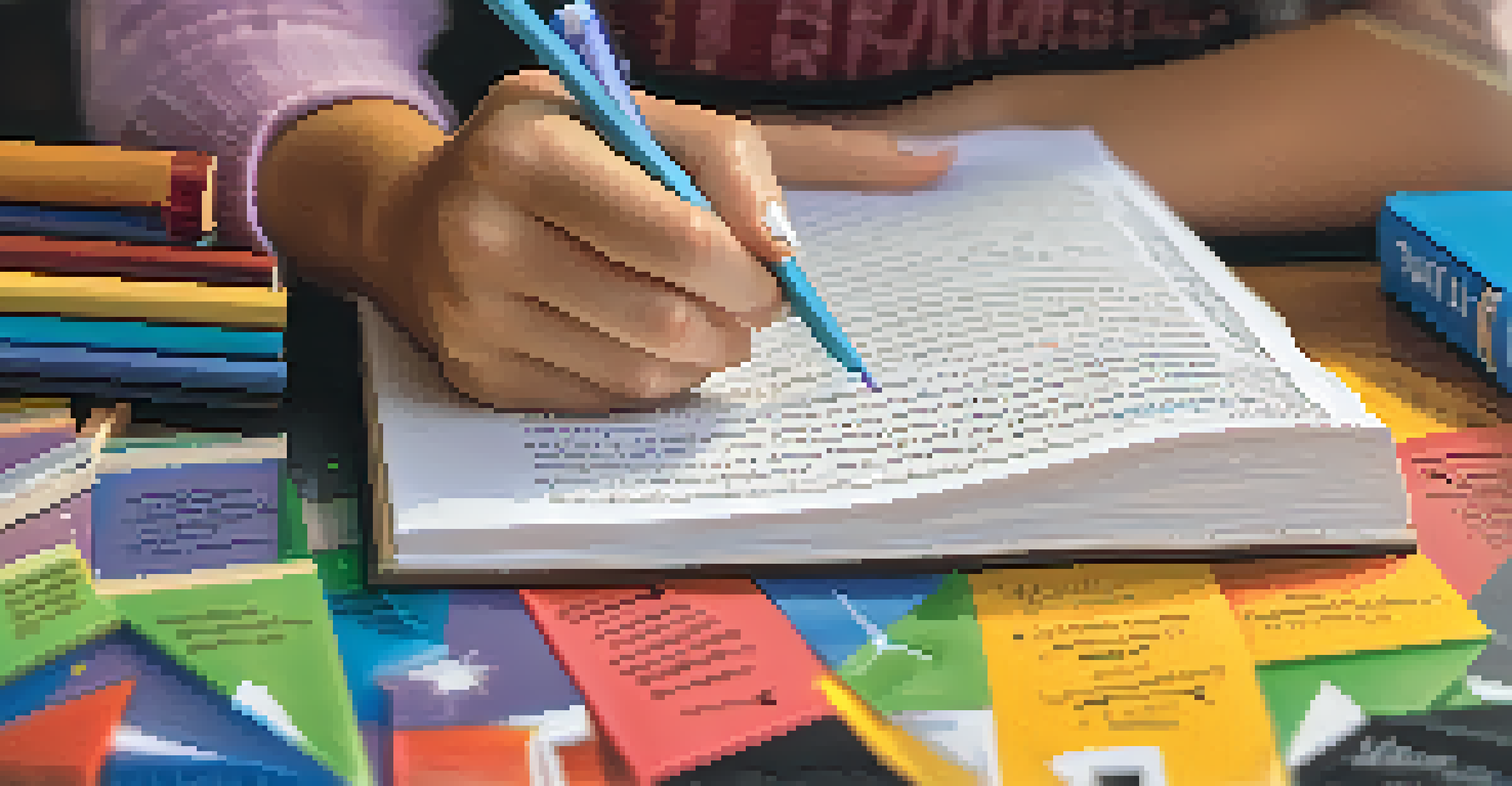 Close-up of a teacher's hands writing on a chalkboard with inspiring educational quotes, surrounded by classroom decorations.