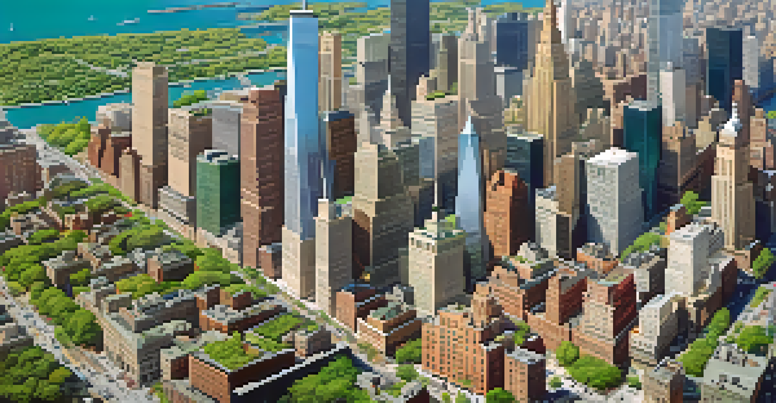 Aerial view of Lower Manhattan featuring green roofs and permeable pavements in a bustling urban environment.