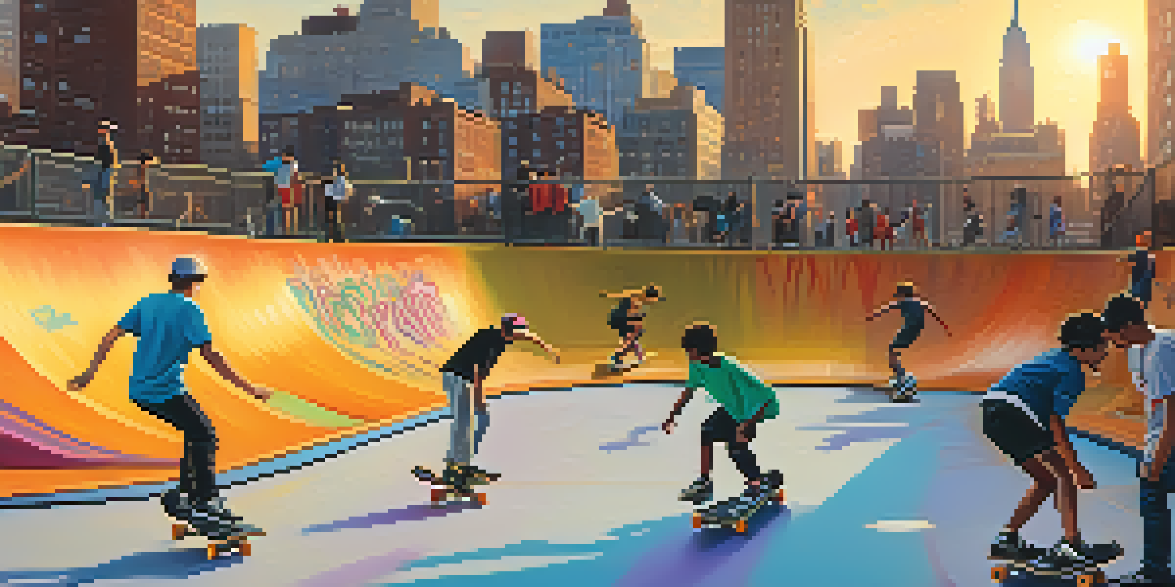 A lively skate park in New York City at sunset with young skaters performing tricks and colorful graffiti in the background.