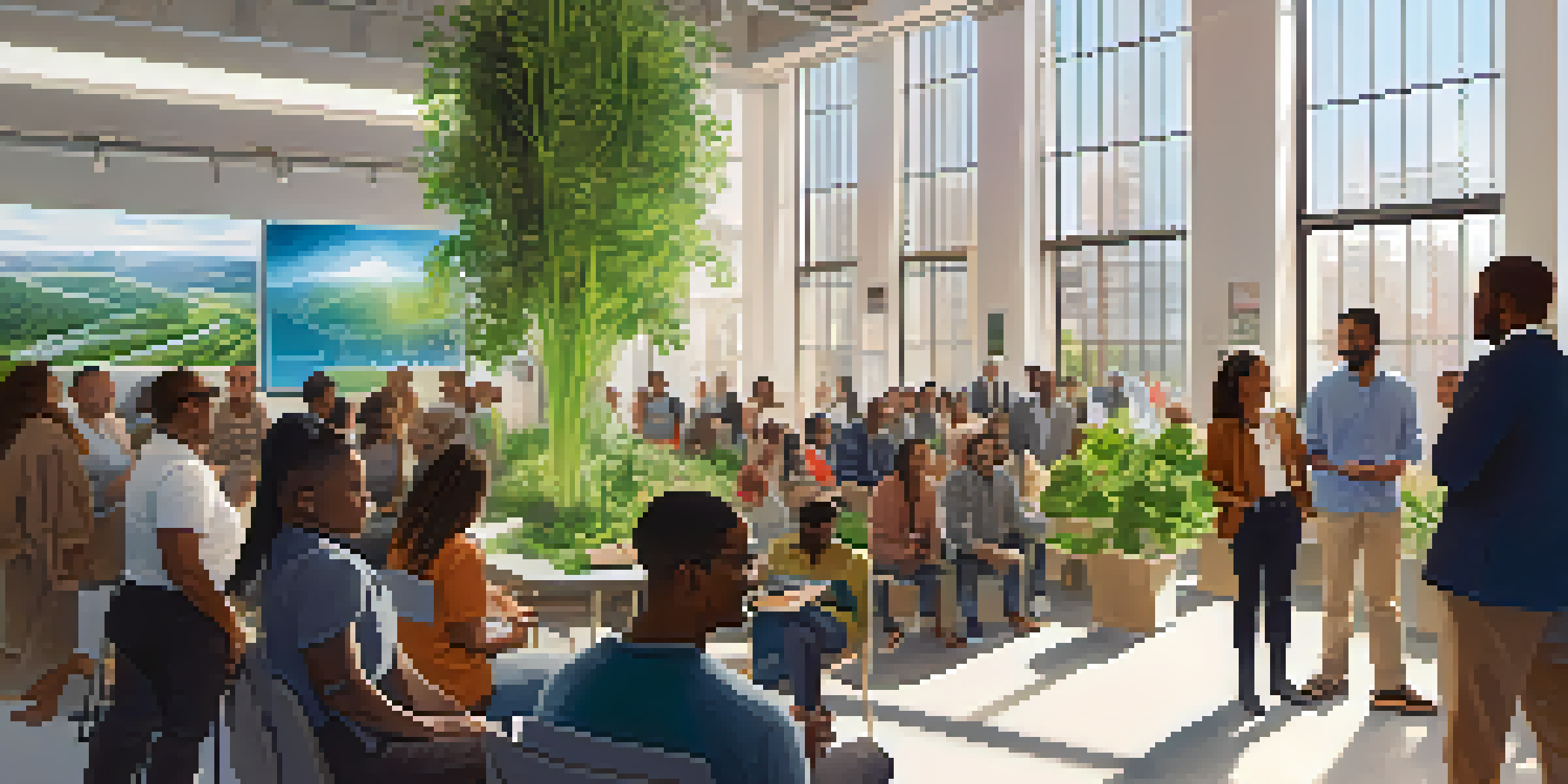 A diverse group of New Yorkers gathered in a modern public space, discussing civic technology, with digital displays and sunlight streaming in.