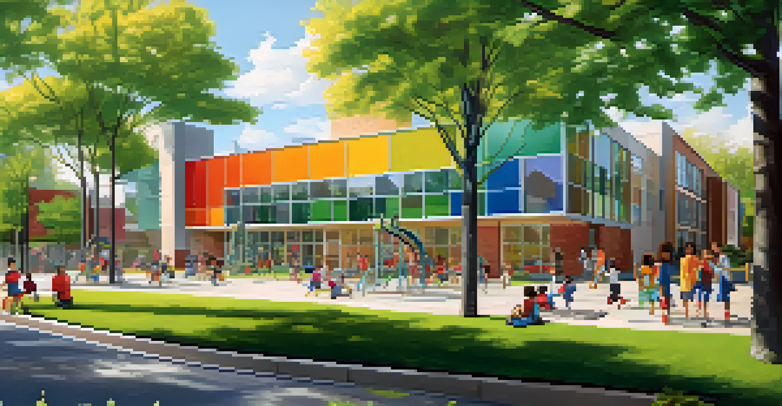 A modern charter school building surrounded by trees and a playground, with children playing and engaging in outdoor activities.