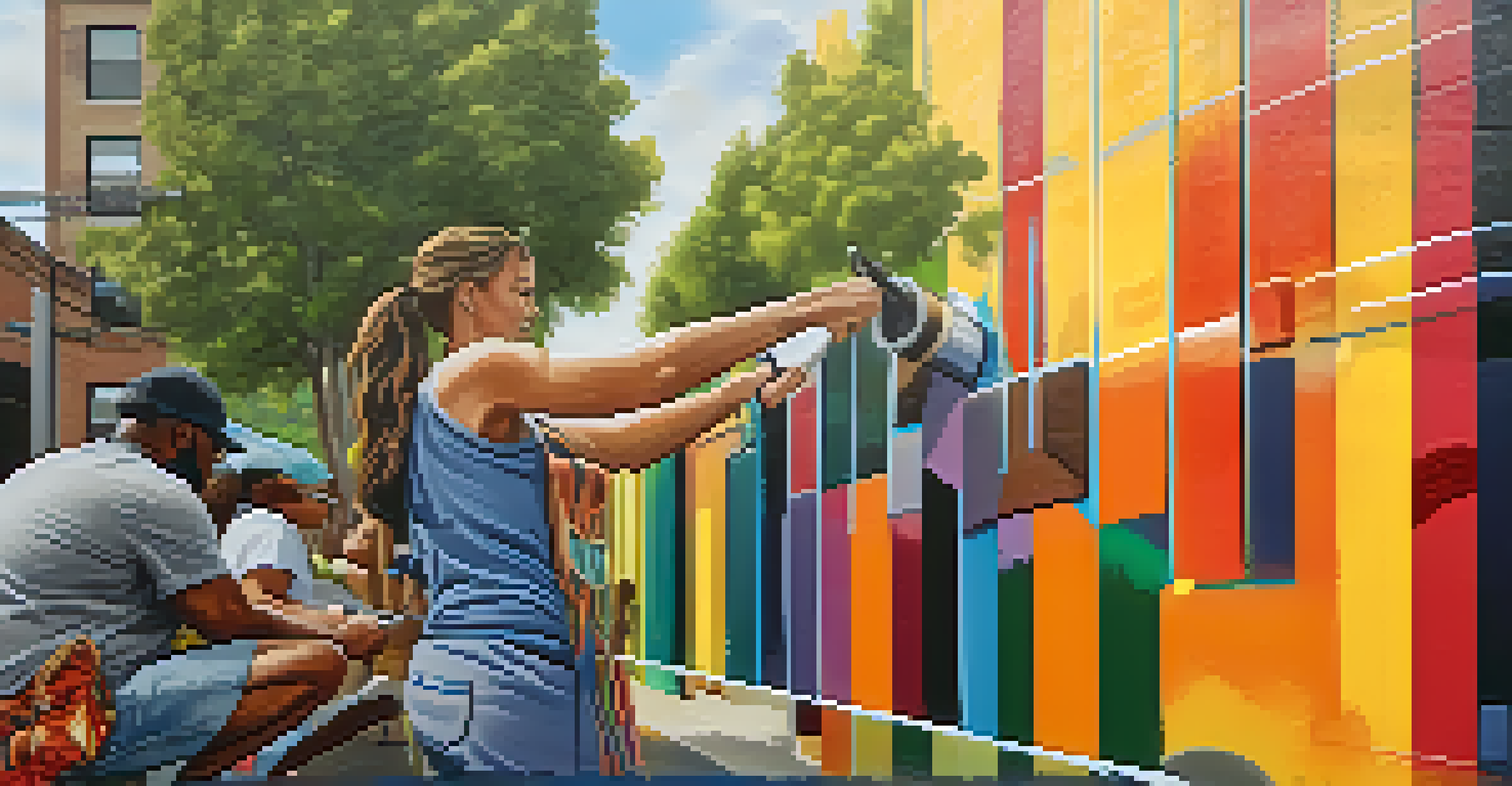 An artist working on a public mural, with colorful paints and a partially finished mural in the background.