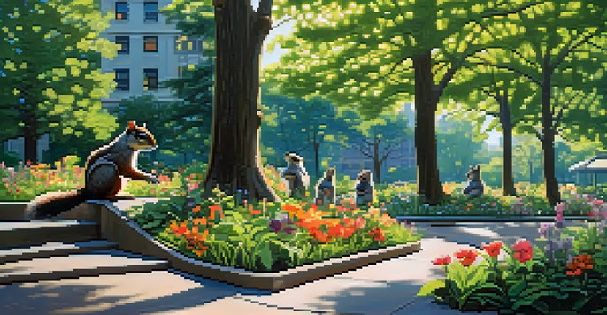 A peaceful urban park in New York City with wildlife including squirrels and raccoons amidst blooming flowers and trees, under a sunny sky.