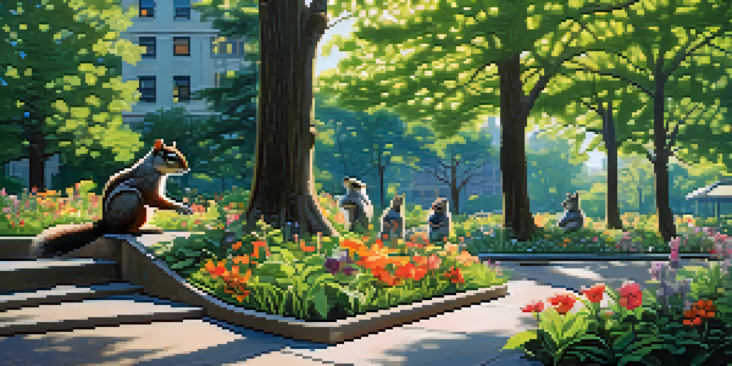 A peaceful urban park in New York City with wildlife including squirrels and raccoons amidst blooming flowers and trees, under a sunny sky.