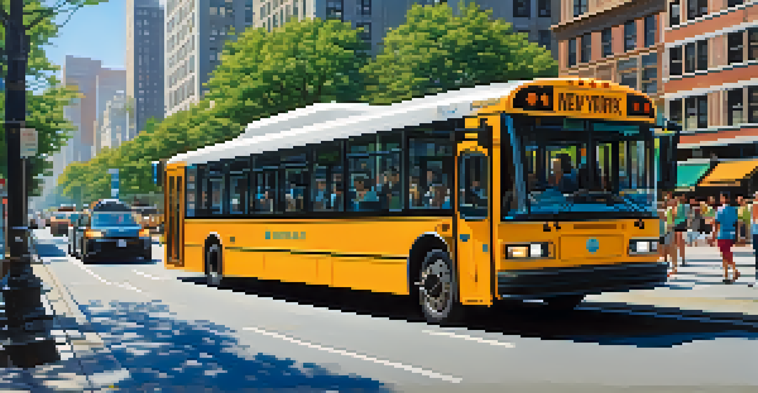 An electric bus on a busy NYC street with cyclists and pedestrians, highlighting sustainable transportation.
