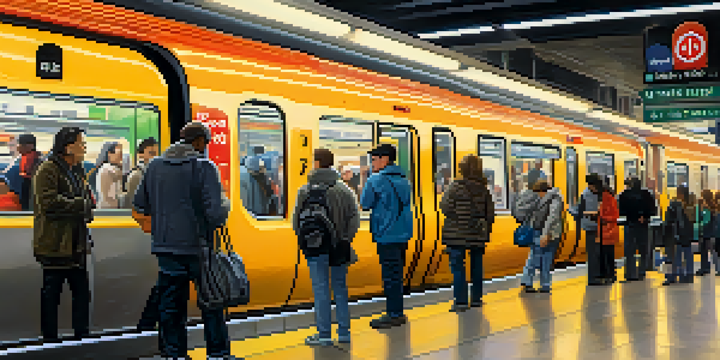 A busy subway station in New York City with commuters using smartphones to check train schedules, showcasing diverse individuals and modern signage.