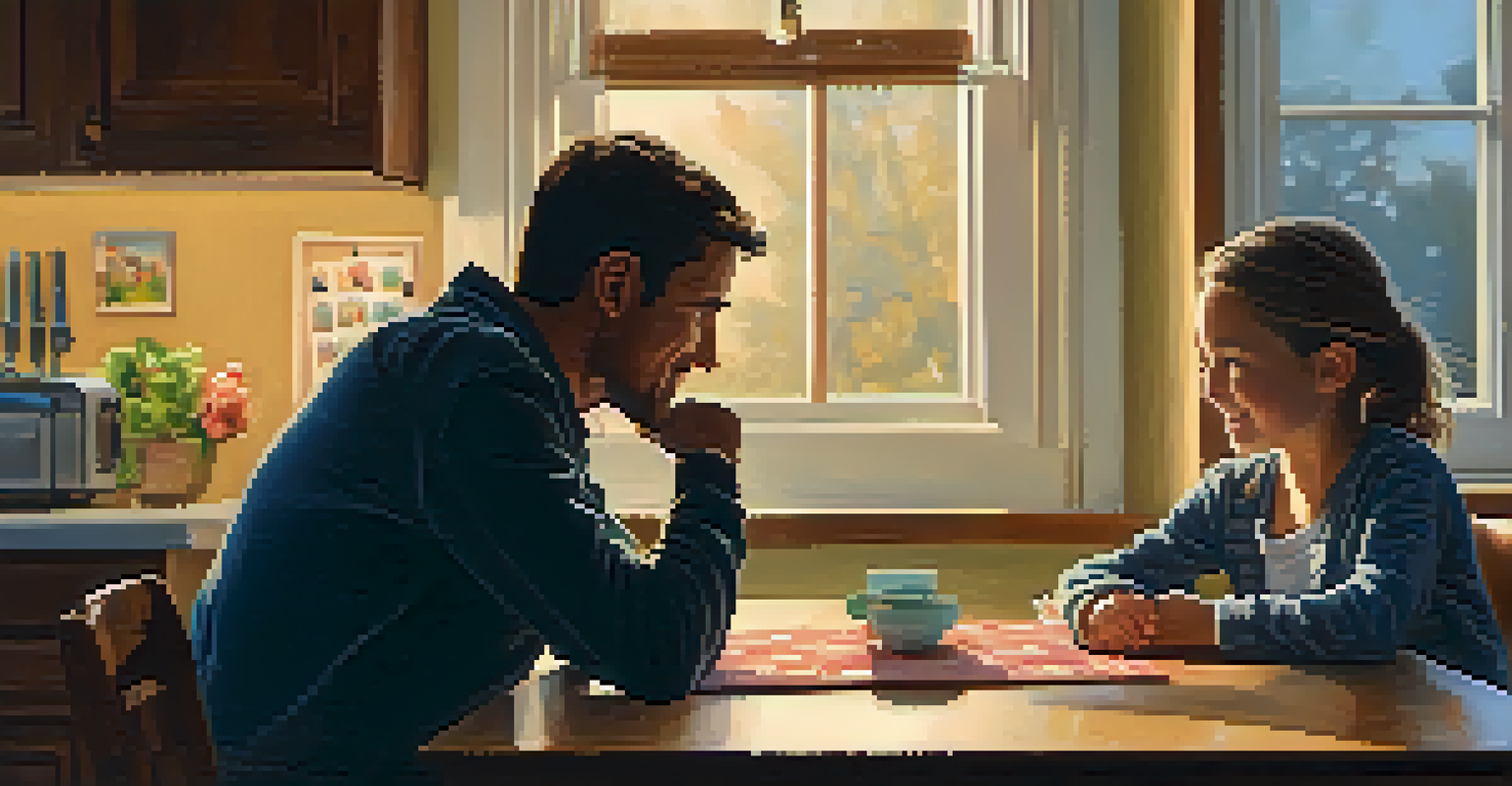 A parent and child in a cozy kitchen having an open conversation about feelings, with warm lighting and family photos around them.
