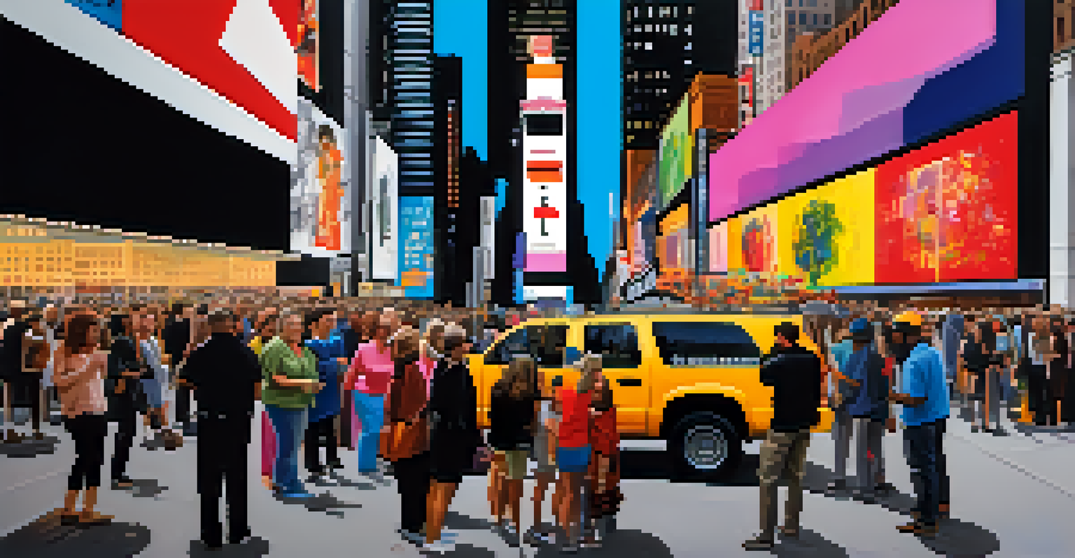A colorful public art installation in Times Square, with visitors engaging with the artwork in an urban setting.
