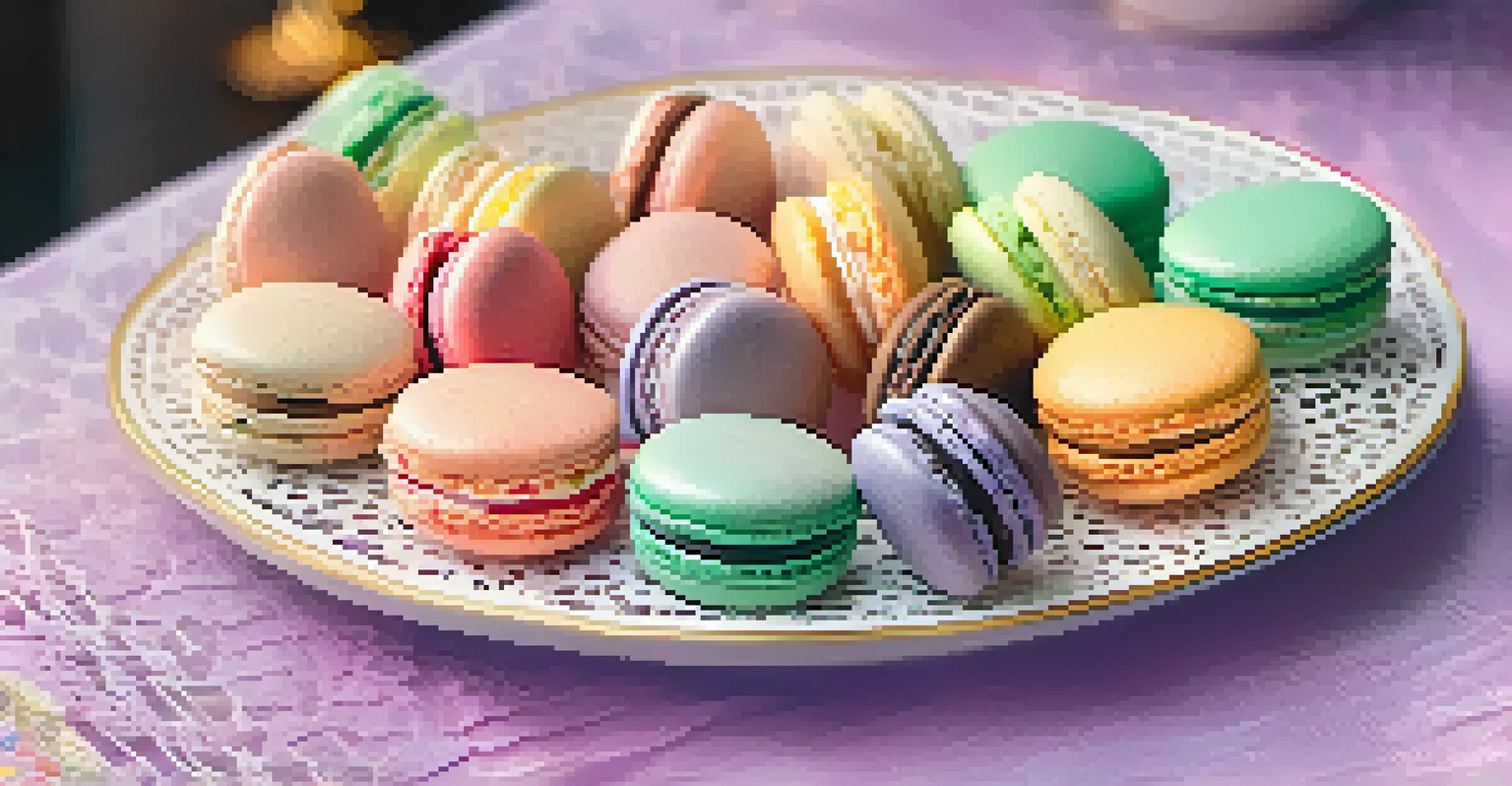 An assortment of colorful macarons displayed on a lace doily in a cozy café setting.