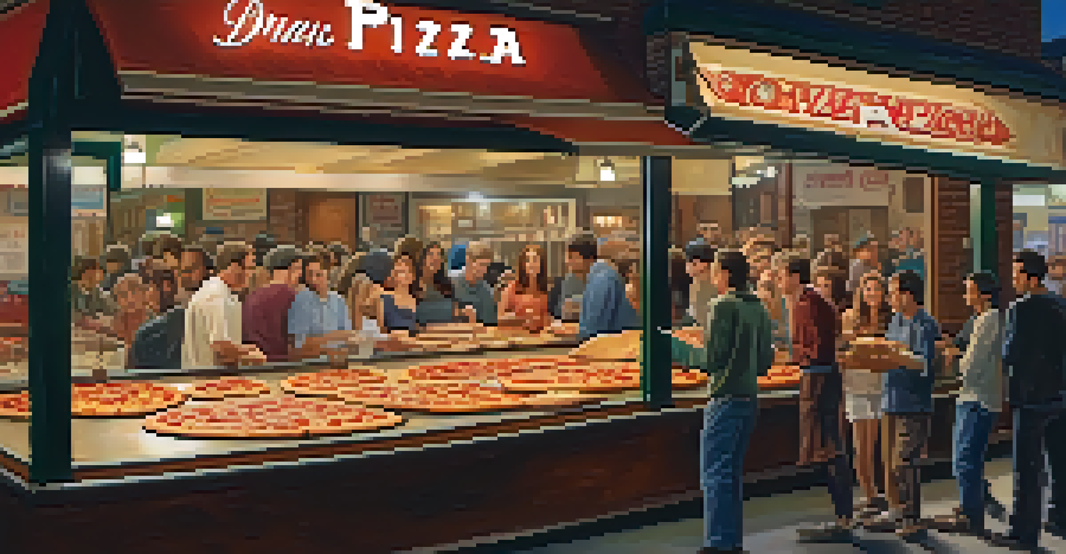 A lively pizzeria scene at night with friends enjoying pizza slices and a warm atmosphere.