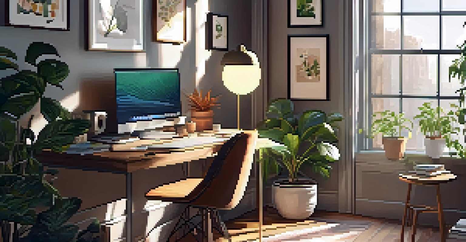 A well-decorated home office in New York City, featuring a desk, laptop, and warm sunlight.