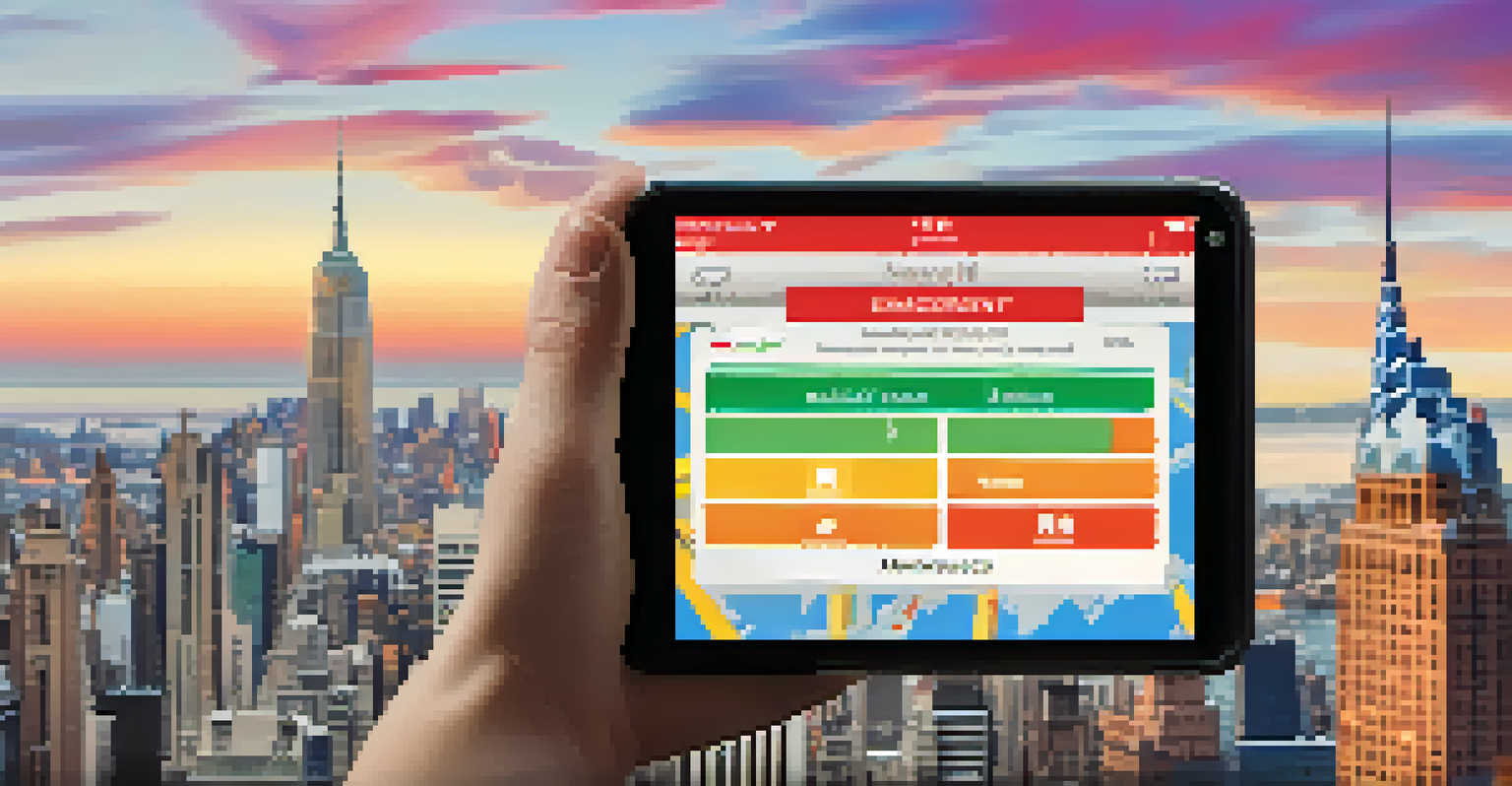 A close-up of a smartphone showing an emergency update alert, with a concerned person in the background and a blurred NYC skyline.