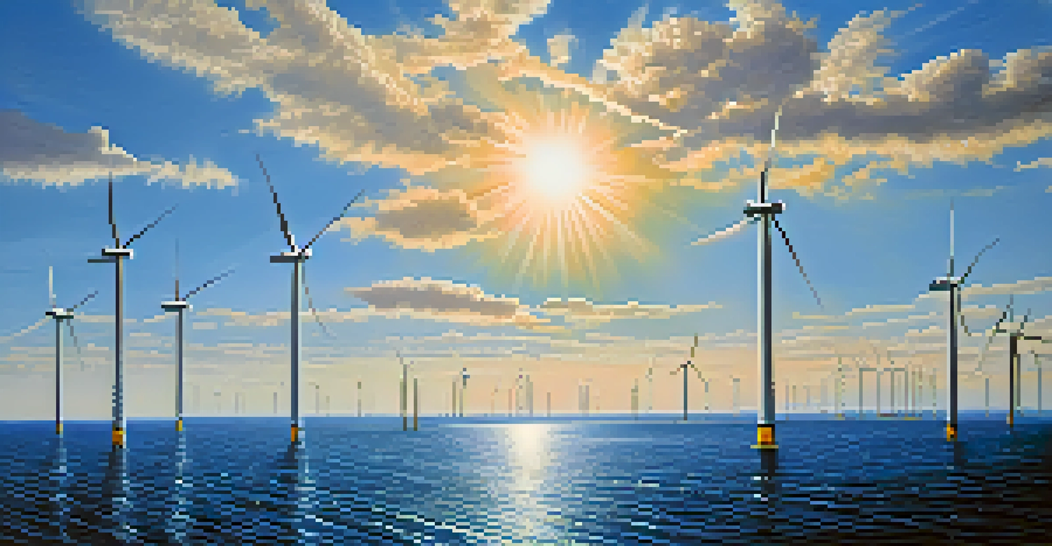 An aerial view of an offshore wind farm with wind turbines in the ocean under a clear blue sky.