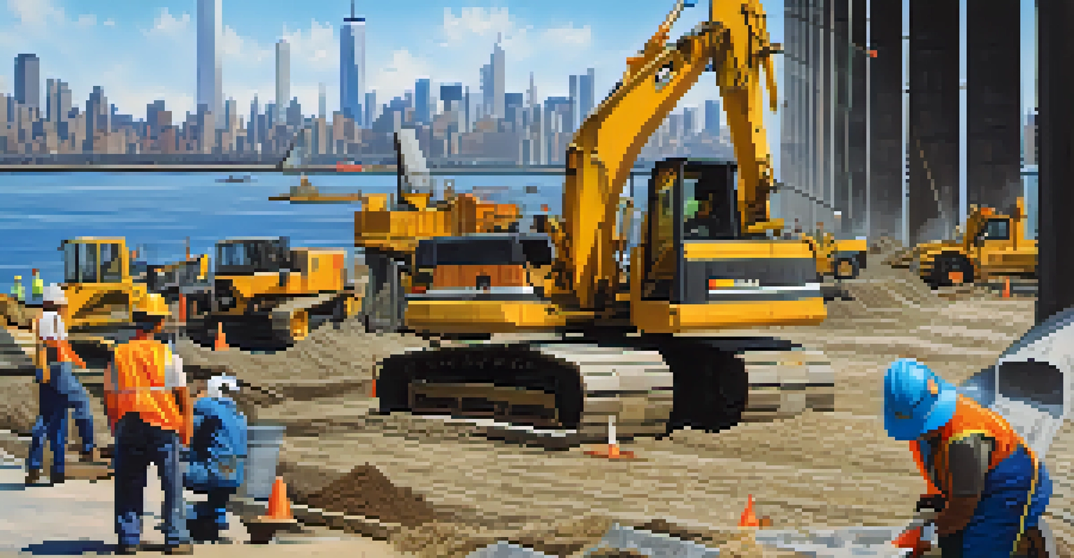 Workers constructing a flood barrier along the waterfront in New York City, with cranes and skyline in the background.