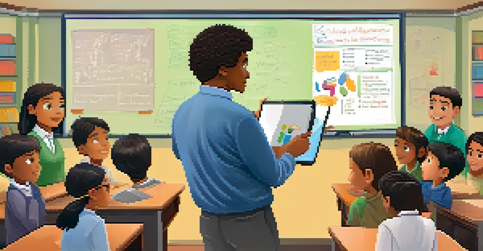 A teacher instructing students in a modern classroom using tablets, with a smart board and bookshelves in the background.