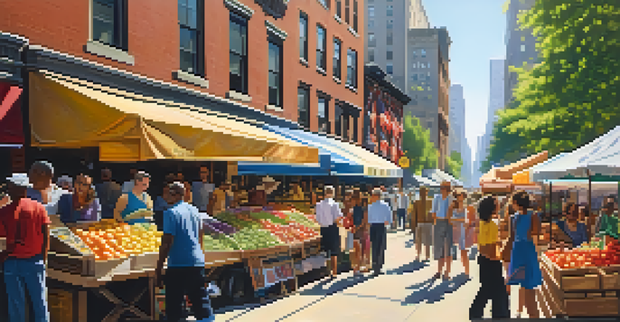 A lively New York City market scene with diverse people, colorful stalls filled with produce, and sunlight filtering through trees.
