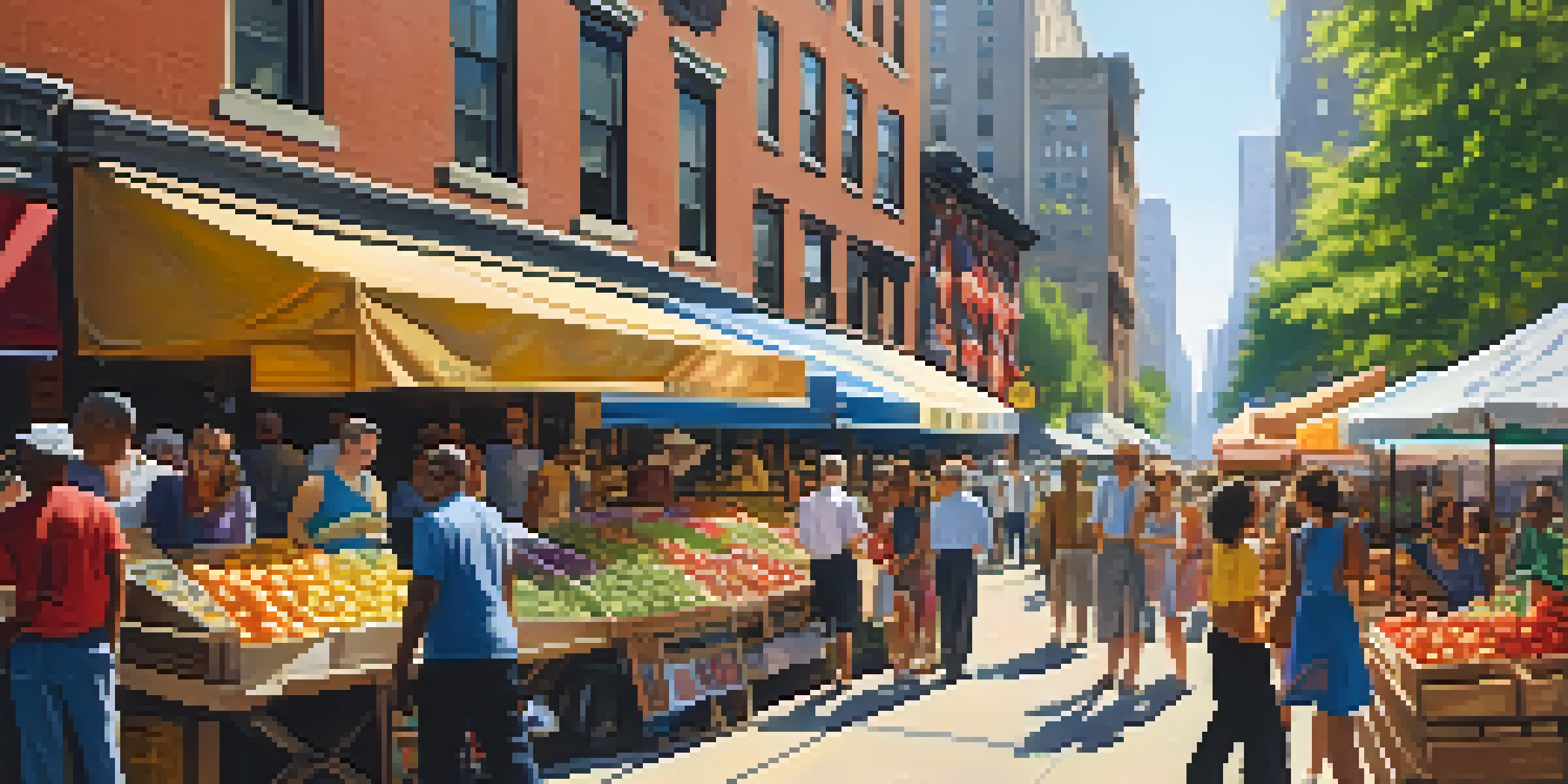 A lively New York City market scene with diverse people, colorful stalls filled with produce, and sunlight filtering through trees.