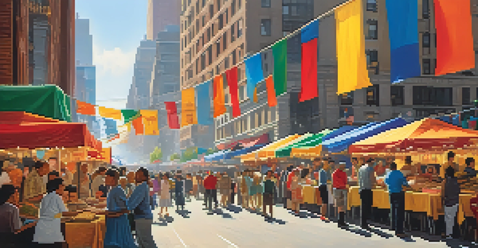 A lively street scene in New York City during a cultural festival, with people celebrating and food stalls.