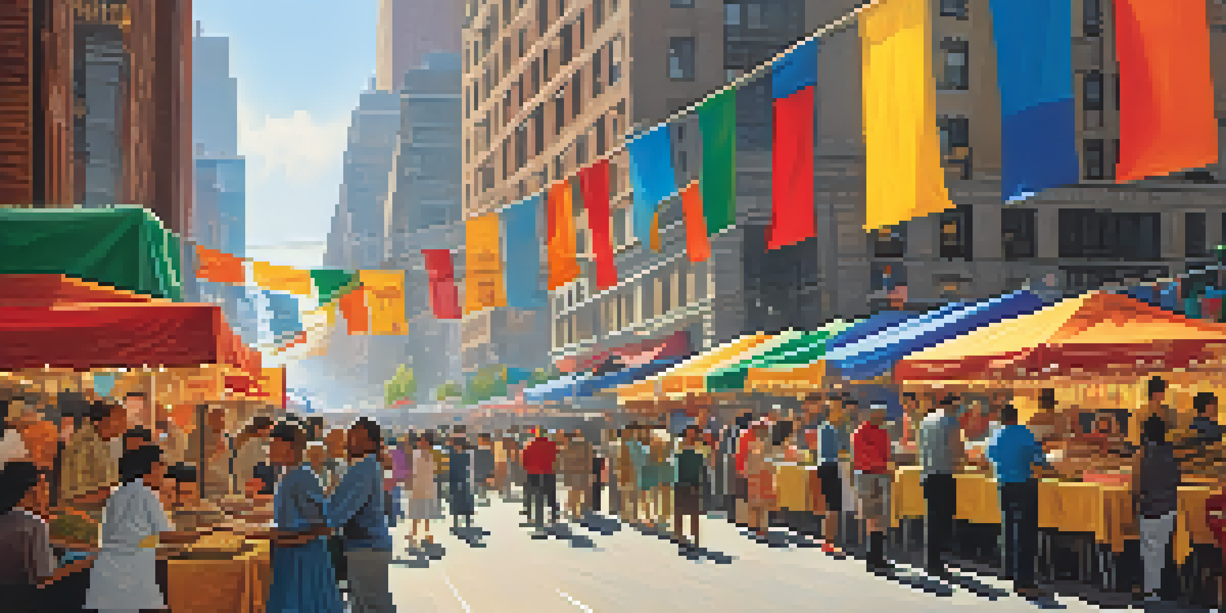 A lively street scene in New York City during a cultural festival, with people celebrating and food stalls.