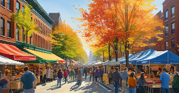 A vibrant NYC street scene with diverse people at a community event, colorful banners, food stalls, and autumn foliage in warm sunlight.