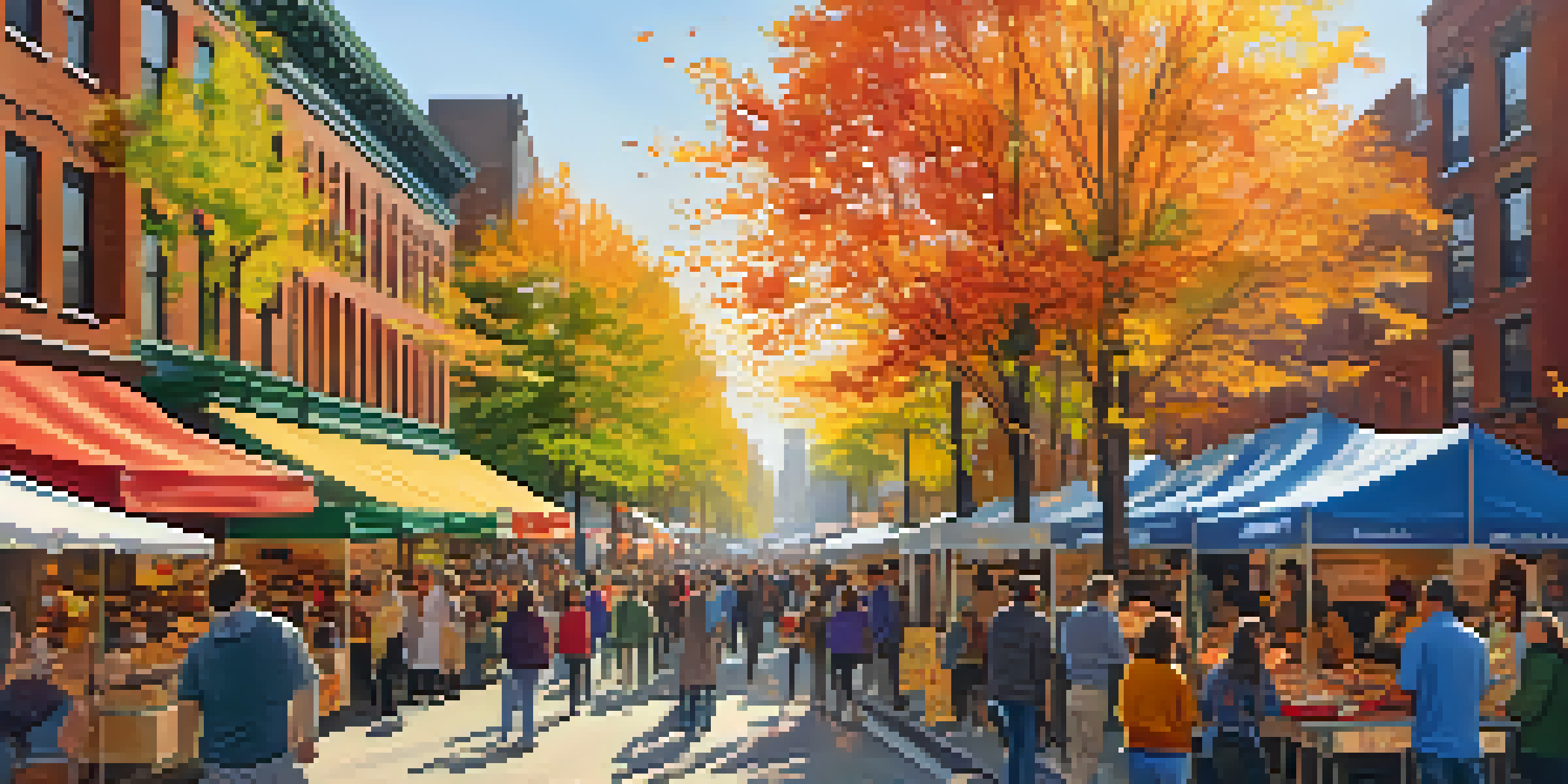 A vibrant NYC street scene with diverse people at a community event, colorful banners, food stalls, and autumn foliage in warm sunlight.