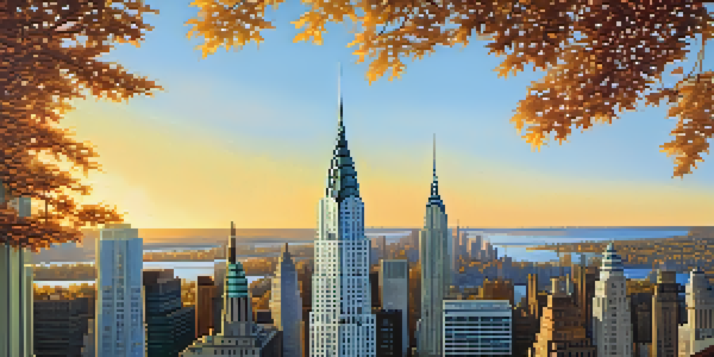 A photograph of the Chrysler Building illuminated by sunset, with a busy street in front and a clear sky.