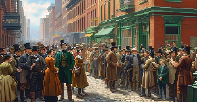 A lively street scene in 1860s New York City with Irish immigrants and abolitionists debating, set against historical buildings.