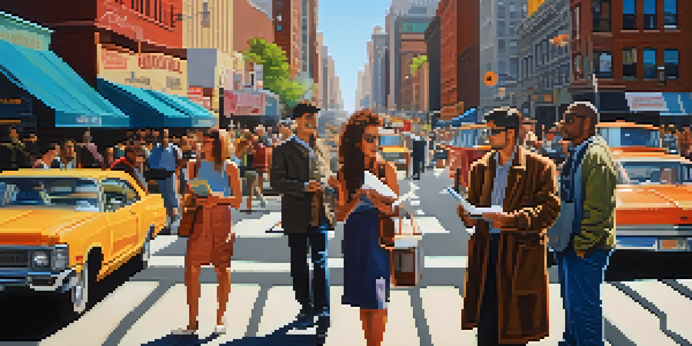 A lively street scene in NYC with independent filmmakers discussing and taking notes, surrounded by iconic landmarks and street art.