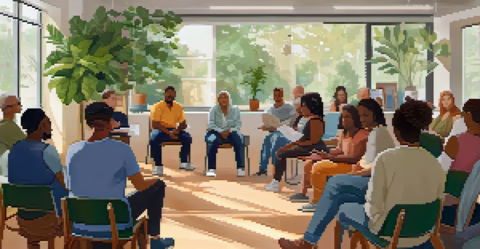 A community workshop focused on mental health, with participants sharing their experiences in a bright and welcoming room filled with plants.
