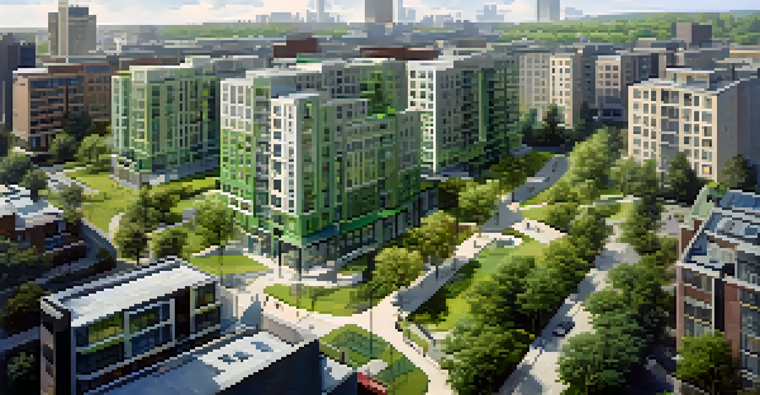 An aerial view showing a city block with new high-rise apartments next to older houses and visible green spaces.