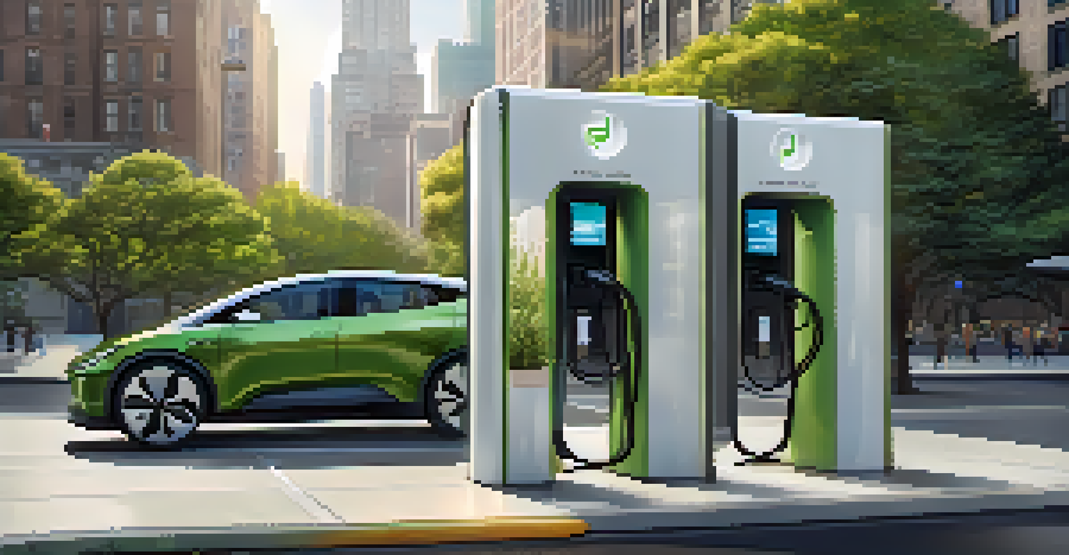 A public electric vehicle charging station with a modern design in an urban environment.